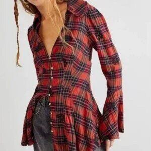 Free People Ezra Plaid Pattern Floral Embroidered Blouse with Bell Sleeves, XS